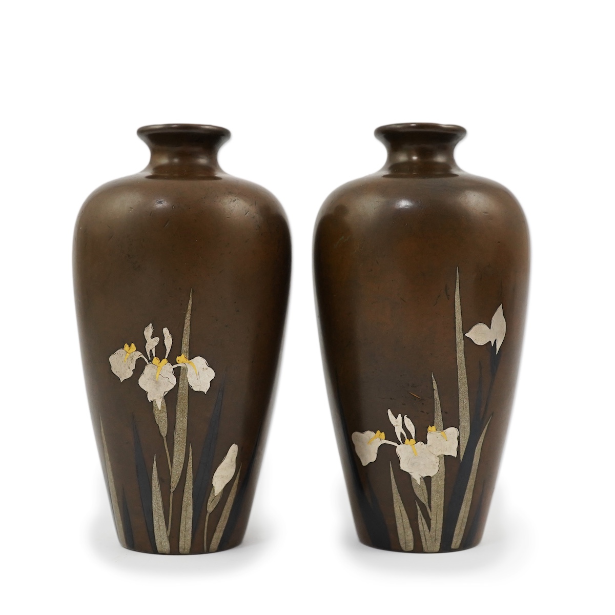 A pair of Japanese bronze and mixed metal miniature vases, by Noboru Nogawa, Meiji period